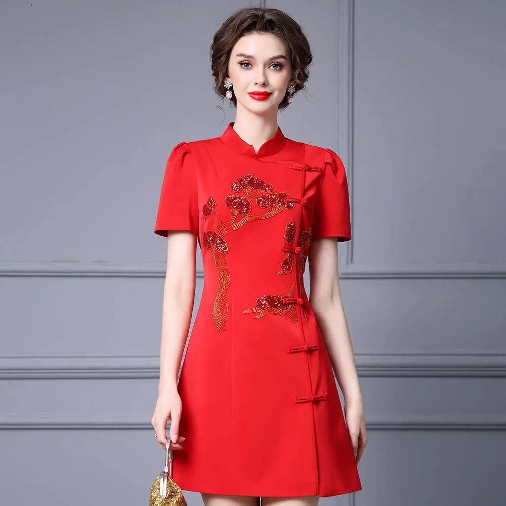 2024 Summer Red Cheongsam Skirt with Heavy Industry Diamond Studded Stand Up Collar - Chinese Style Short Cheongsam dress with Novelty Bifurcated