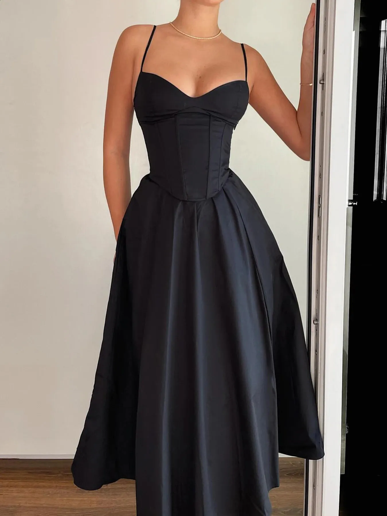 Black Sleeveless Fit and Flare Spaghetti Strap Black prom dress for Women - Elegant and Sexy Birthday and Evening Party Black prom dress (Style 241007