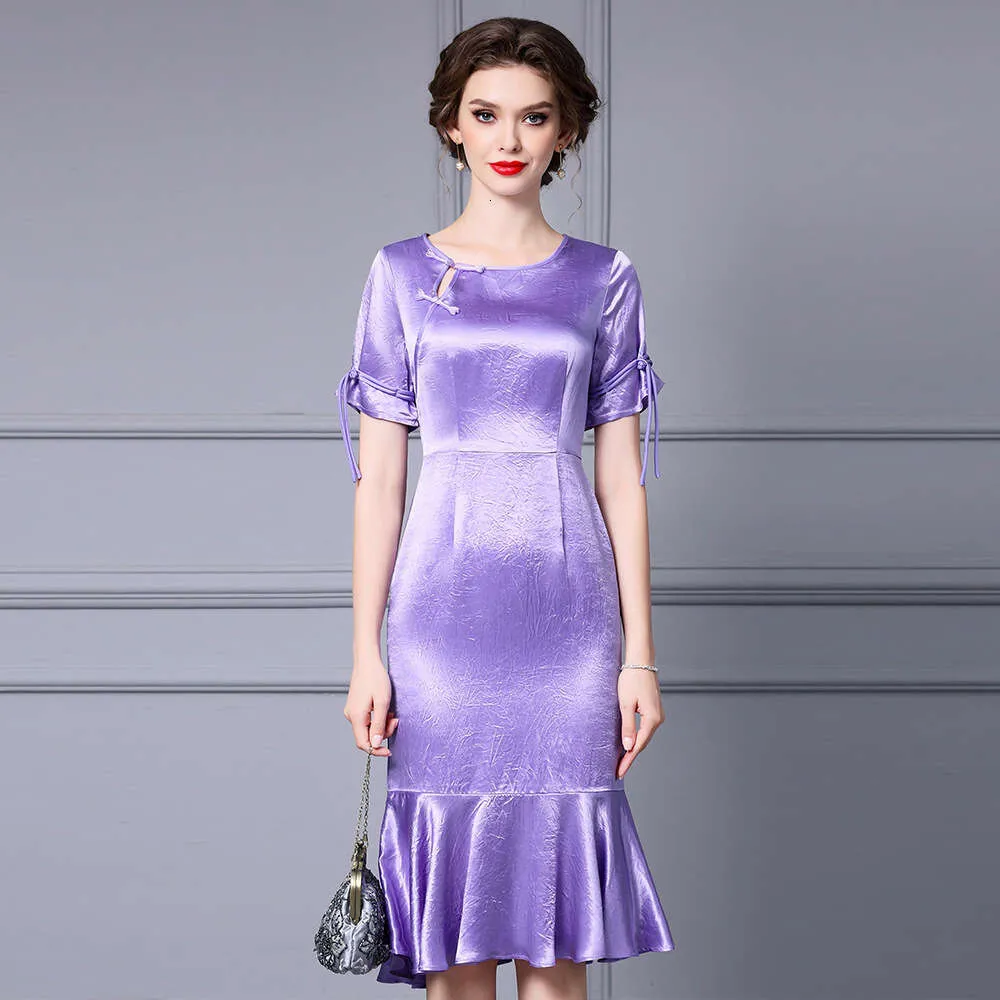 2024 Summer Feminine Ruffled Fishtail Skirt Purple Midi Dress with Purple and High Waist for Middle-Aged Women