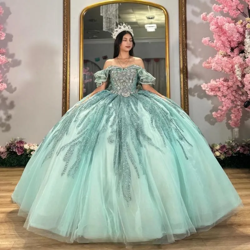 blue dress for baby girl Turquoise Ruffle Ball Gown Masquerade Prom Dress Quinceanera Dress main image 1