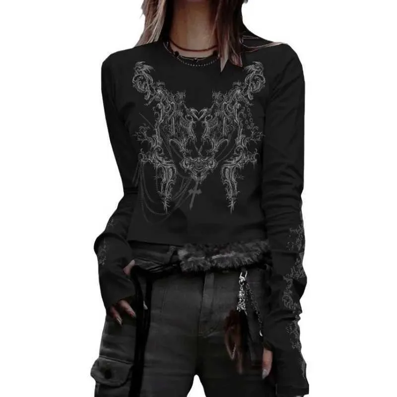 Gothic Print Long Sleeve T-Shirt グランジ Women Y2K Fairy Grunge T Shirts Ribbed Knit Punk Gothic Slim