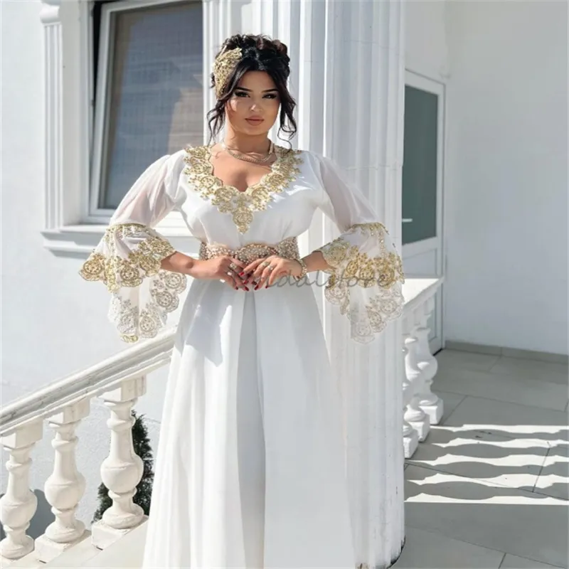 Albanian Caftan Moroccan Evening Dress V Neck Long Sleeve White