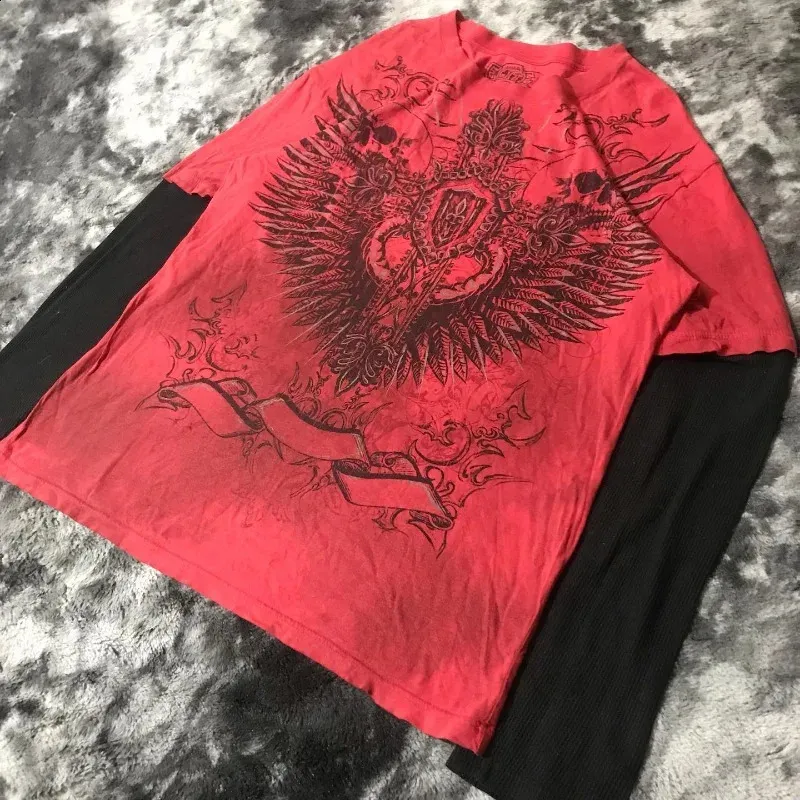 【送料込】GLAVIL スカル 十字架 DARK RED RUM 系 Y2K Destruction Skull Cross Wing Double Layer Grunge Cyber Y2K