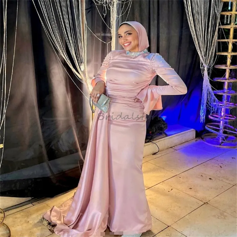 Custom-Made Pink evening gowns with Beaded Long Sleeves - Elegant Dubai Arabic Prom, Engagement, Birthday Gown for Women