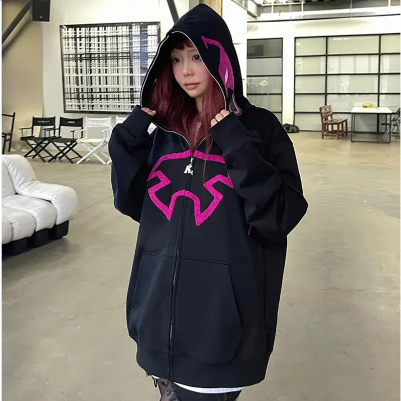 Y2K Gothic Punk Zip Up Hoodie With Pink Graphic – From Hui02