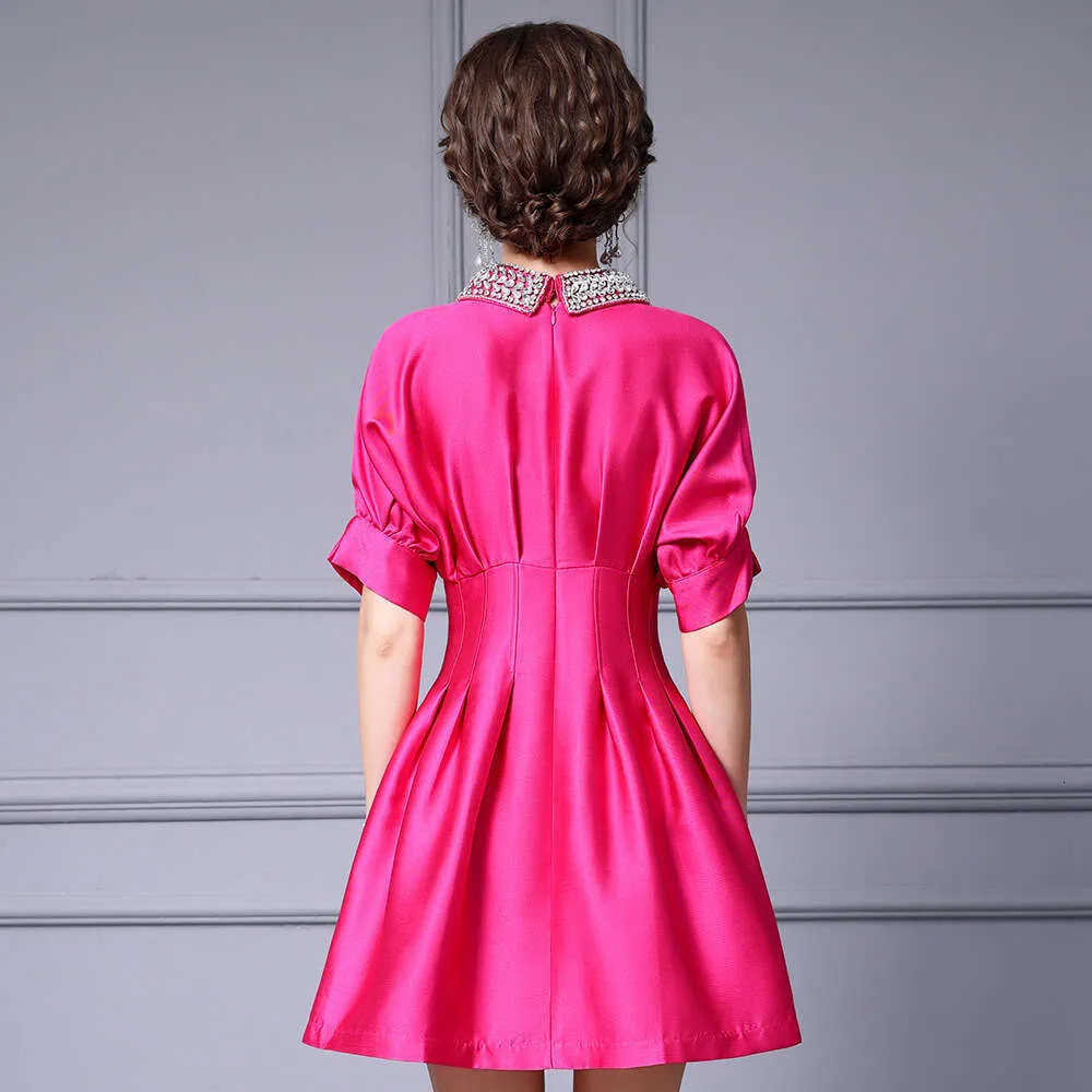pink diamond denim dress Nail Diamond Doll Collar Denim Dress - Rose Red A-Line Skirt with Exquisite  Shoulder Sleeves