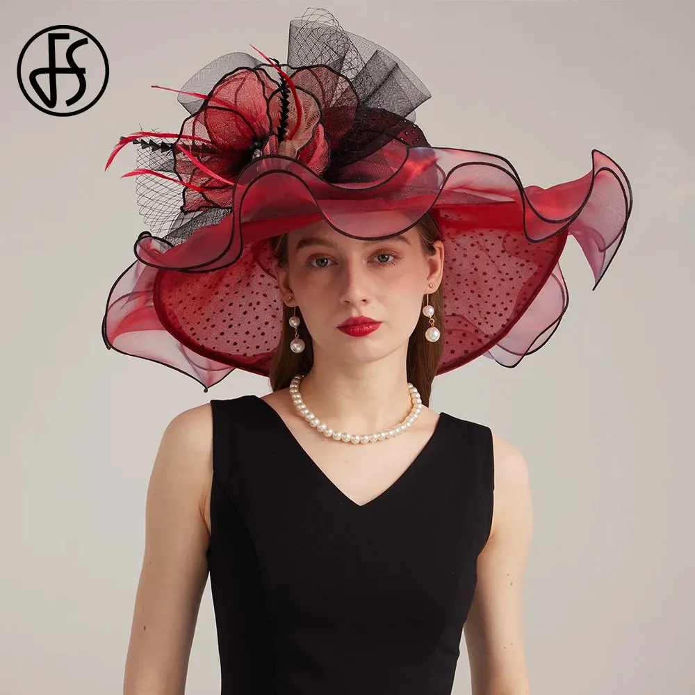 Red Womens Sheer Organza Wide Brim Hat With Ribbon Accent Elegant Style Women Organza Mesh Sun Hat Wide Brim Summer Beach Party  main image 2