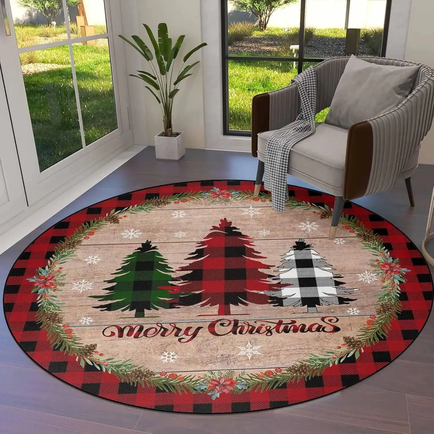 Weihnachtsteppich Rund Schneeflocken Tannenbaum Rot Schwarz Wasserbüffel Flach Teppich Wohnzimmer Esszimmer Schlafzimmer Stuhlmatte Robust