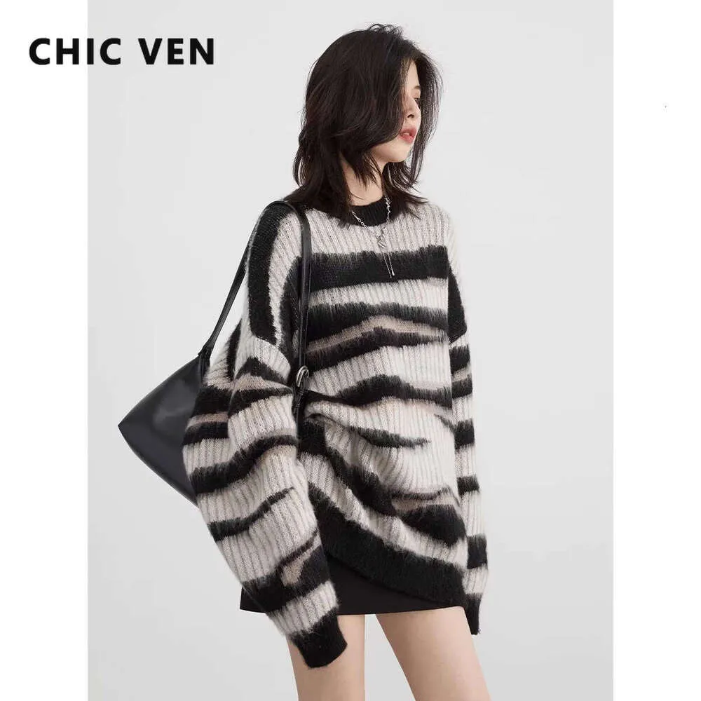 Women's Thick Knit Stripe Jumper - Long Sleeve Irregular Pullover for ...