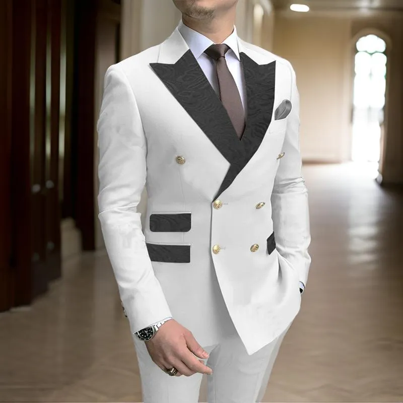 Modest Peak Lapel Slim Fit Men's Suits White 2 Pieces Solid Color Wedding Suit