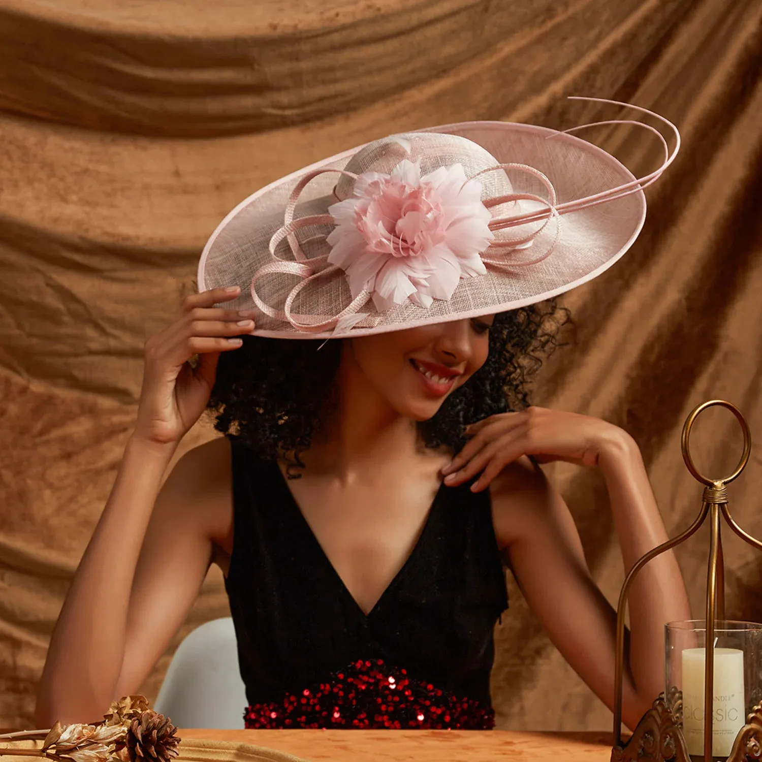 Enchanting Pink flowers for her Sinamay Church Hat - Light Blue Derby Style for Weddings, Cocktail Parties, and Women's Fashion (241011)