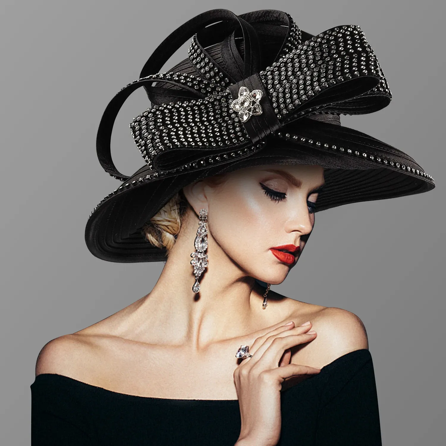 Elegant Black Women\'s Dress Hat with Rhinestone Buckle Accent Rhinestones satin ribbon adjustable hat great for church  main image 2