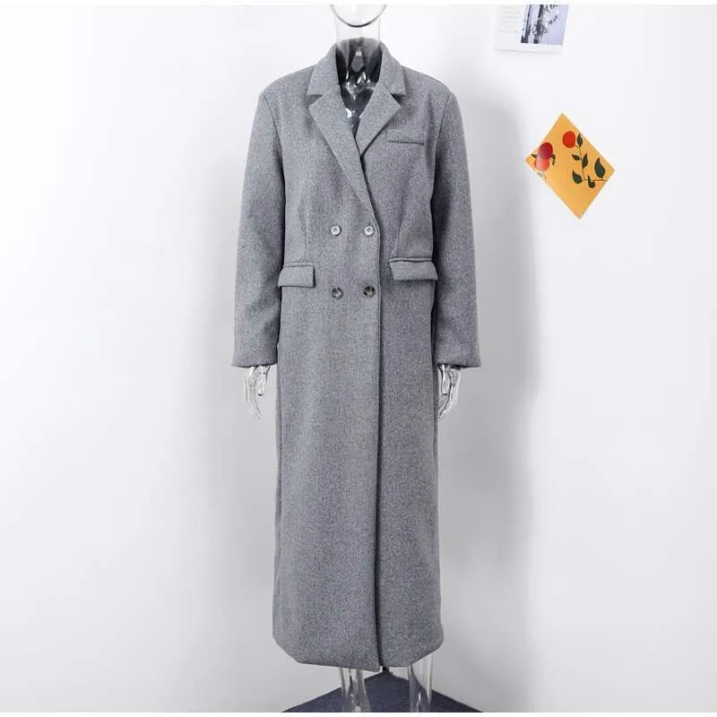 Oversized Long Wool Coat: Womens Elegant Grey Double Breasted