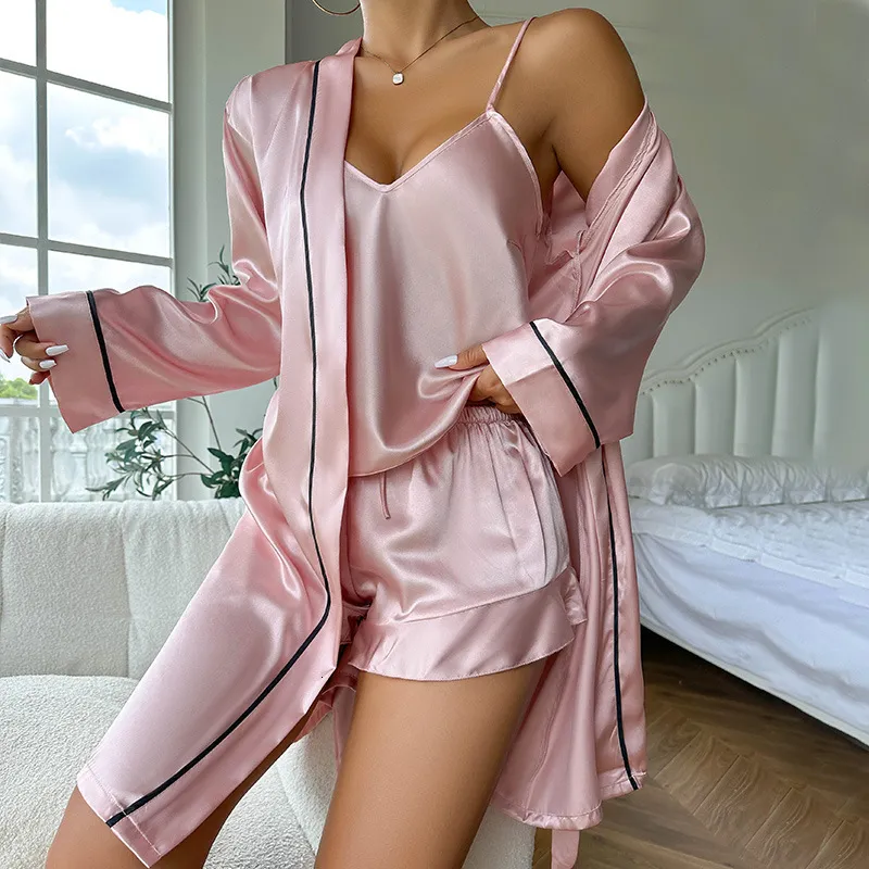Danilin Ice Silk Pajamas Womens Strap Shorts Sleep Robe Set Summer
