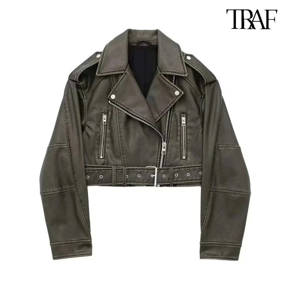 Vintage Leather Look Jacket Womens: Washed Motorcycle Style