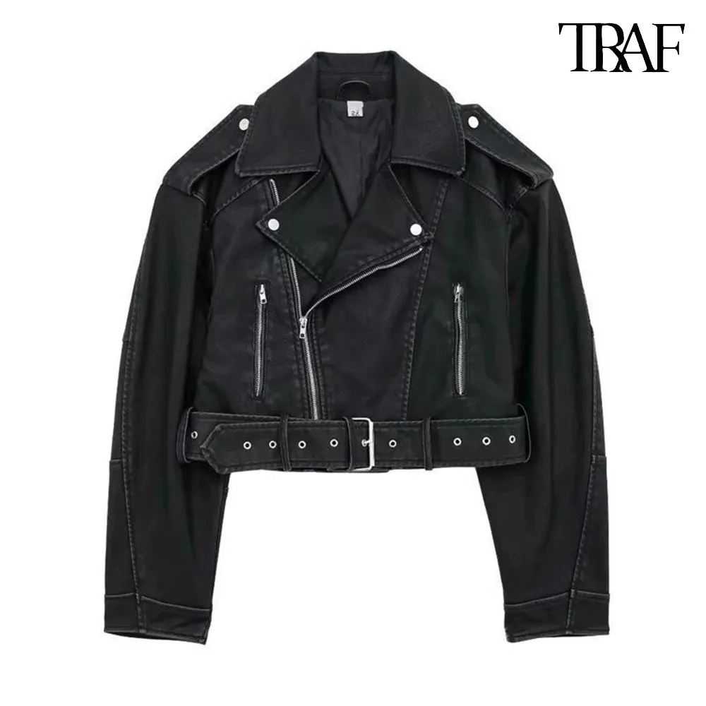 Vintage Leather Look Jacket Womens: Washed Motorcycle Style