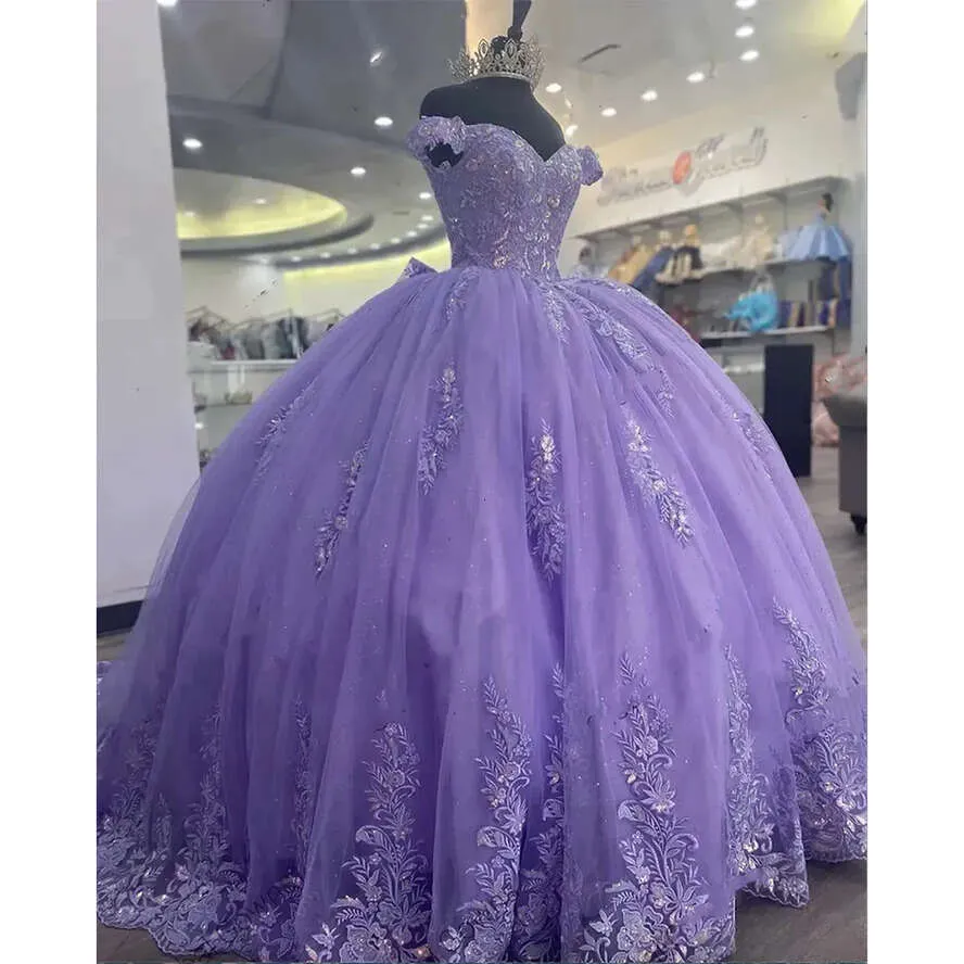 Off The Shoulder Lilac Corset Quinceanera Dress Ball Gown,Appliques Lace Birthday Dress  Y789