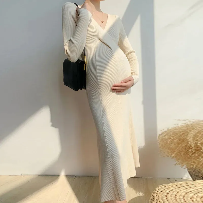 White Maternity Dress Long Sleeve Cotton Blend Elegant Pregnancy