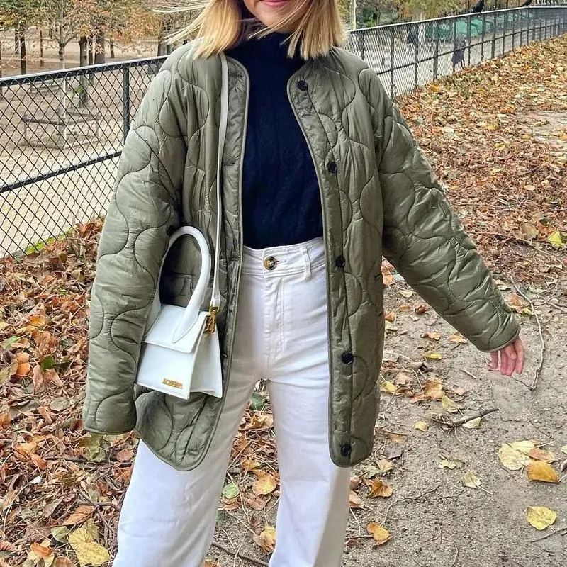 Quilted Jacket No Collar Coat Army Green Oversize Quilted Jacket