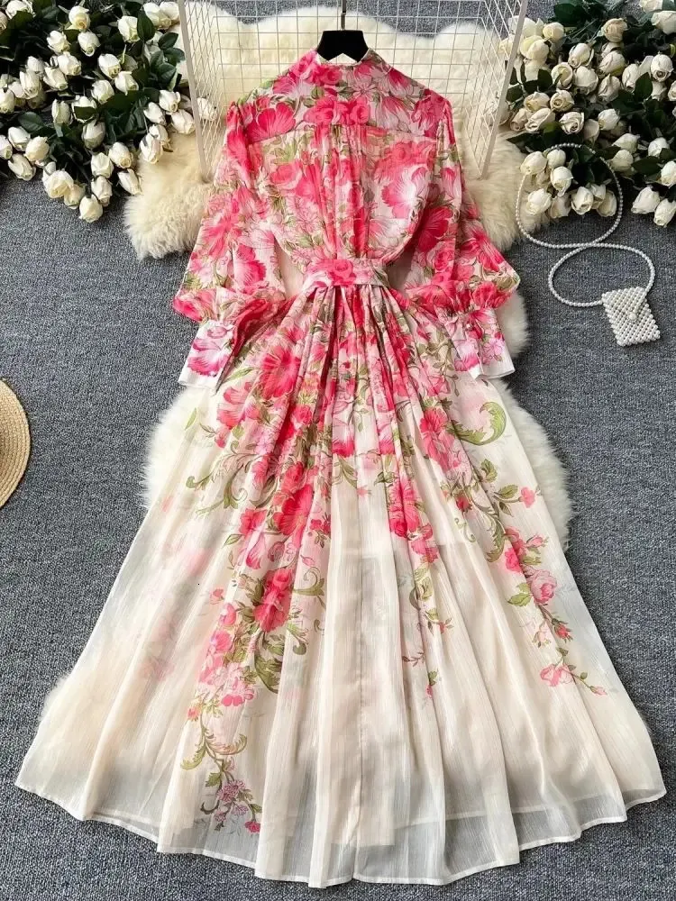 Gorgeous Summer Flower Floral Maxi Dress for Women - Silk Chiffon, Long Lantern Sleeves, Sashes, Print Loose Fit A-Line Robe Vestidos (241007)