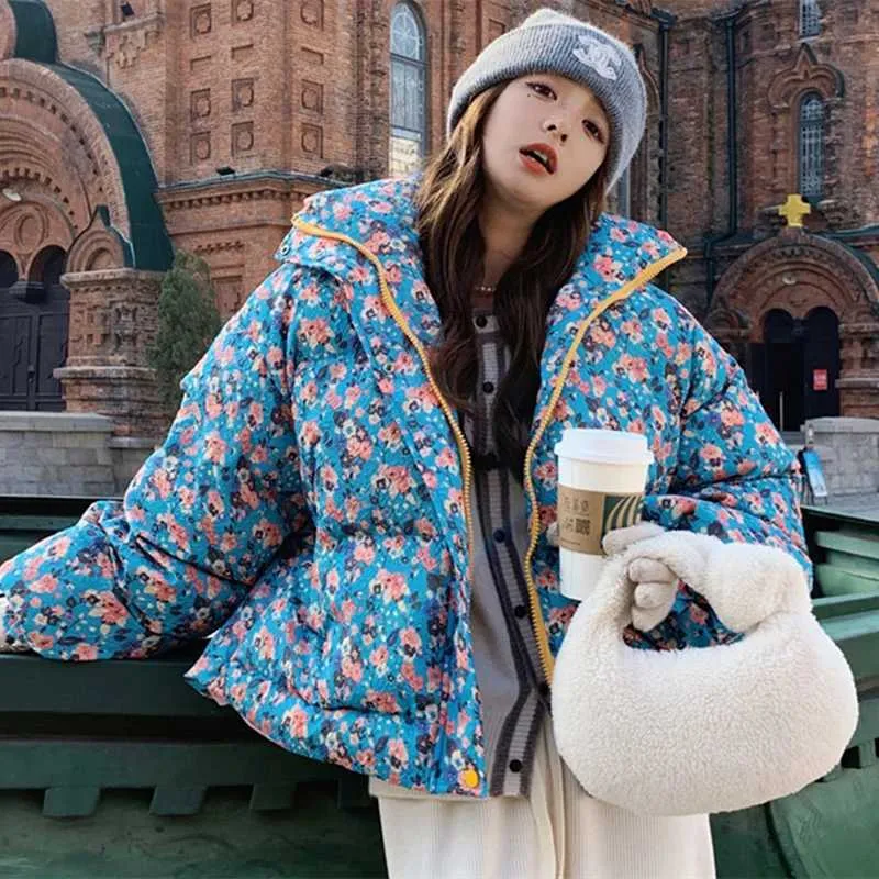 Floral Bomber Jackets, Womens Y2K Style Padded Parka, Stand Collar