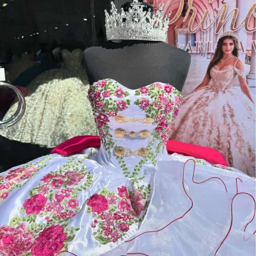 white quince dress with pink flowers Pink and Blue Quinceanera Dress 3D Floral Ball Gown GLS Gloria GL3570