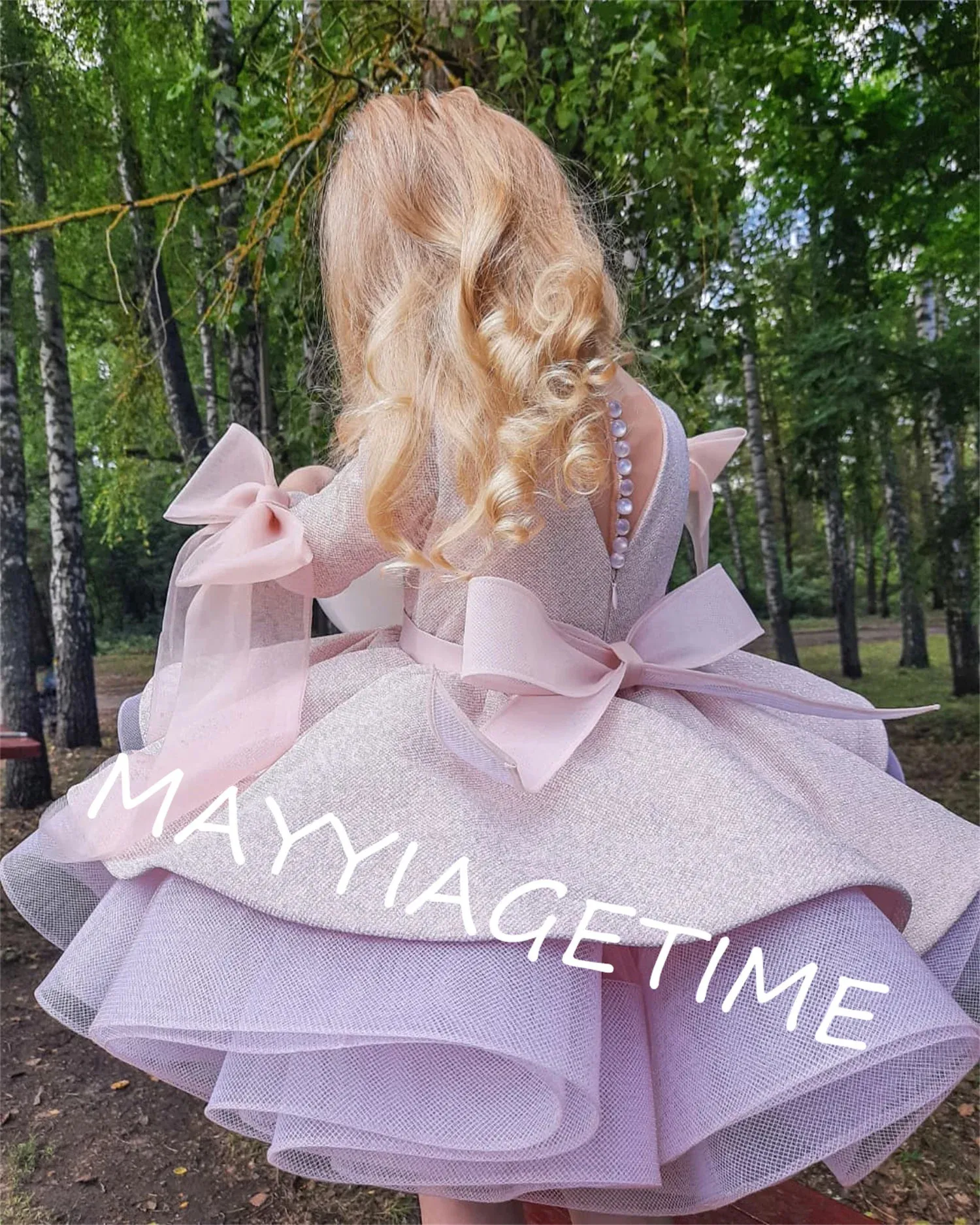Glittery Pink Flower Gir Pink Birthday Dress with Beaded Bow for Evening Parties, First Communion, and Special Occasions - Fluffy Ball Gown for Kids