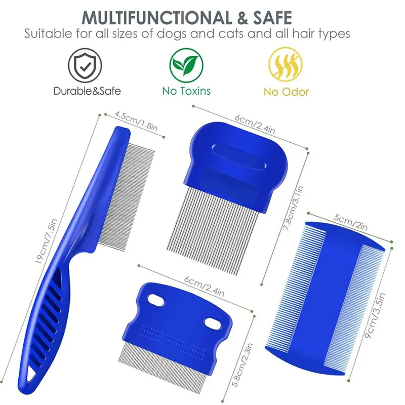 Paslanmaz Çelik 4'lü Paket Pire ve Bit Tarak, Yuvarlak Dişli, Çift Taraflı, Profesyonel Evcil Hayvan Gözyaşı Lekesi Önleyici Tarak_voghion.com