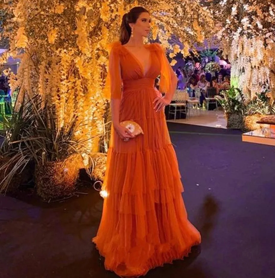 Orange Evening Dress A-Line Square Neck 3/4 Long Puff Sleeves Tulle Sweep Train with Built-in Bra from Dhgate Evening Dresses - price 244.81 Orange Evening Dress A-Line Square Neck 3/4 Long Puff Sleeves Tulle Sweep Train with Built-in Bra from Dhgate Evening Dresses - price 244.81