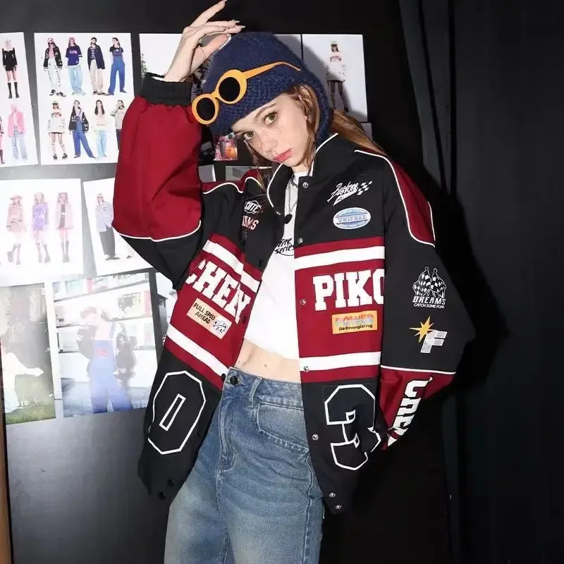 Save Big on Bulk American Motorcycle Jackets Denim Hoodie Jacket Women,  American Letter Print Baseball Jacket, Street Style Racing Jacket, Couple 