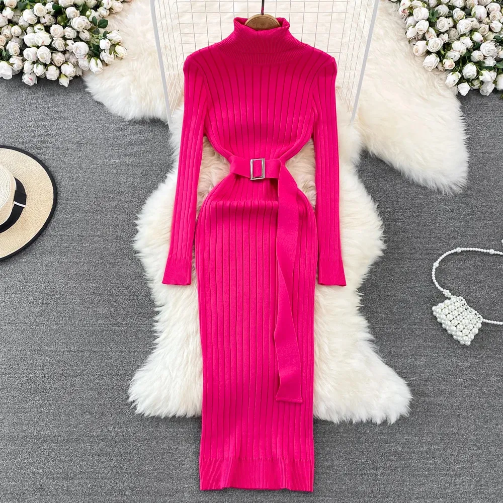 Women's Turtleneck Bocon Long Ribbed Sweater ss with Wrap Hips and Belt Women's Turtleneck Bocon Long Ribbed Sweater ss with Wrap Hips and Belt