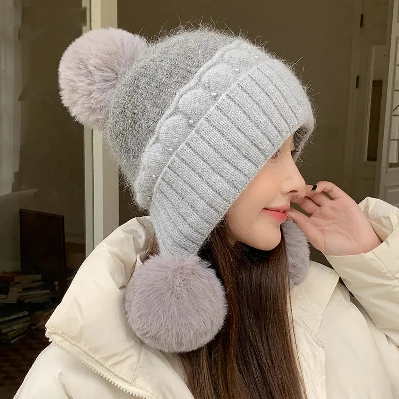 Womens Rabbit Fur Winter Hat Cute Fleece Knit Cap, Windproof 