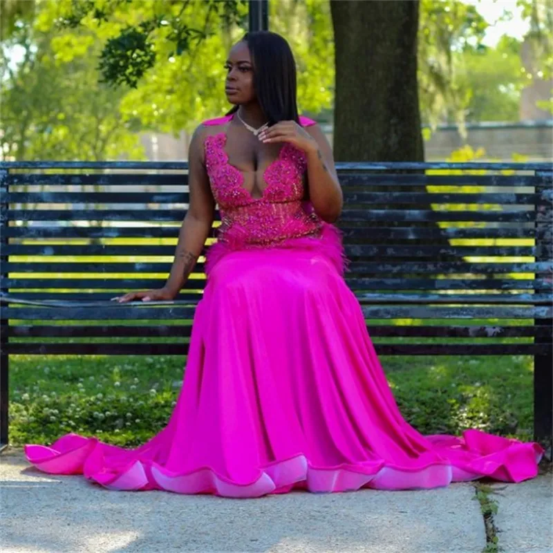 Luxury Plus Size Mermaid pink sparkly prom dress with Diamond Crystal Embellishments - Perfect for Black Girls' Feather Birthday and Nigerian African