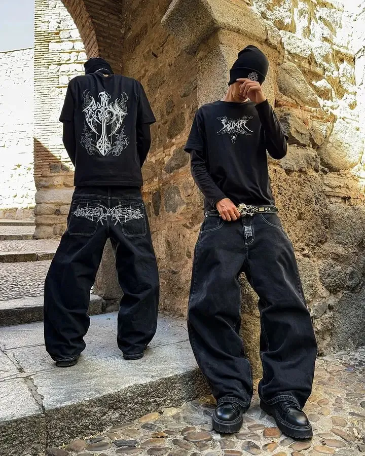 Mens Black Y2K Streetwear Jeans Embroidered Pocket, High Waist