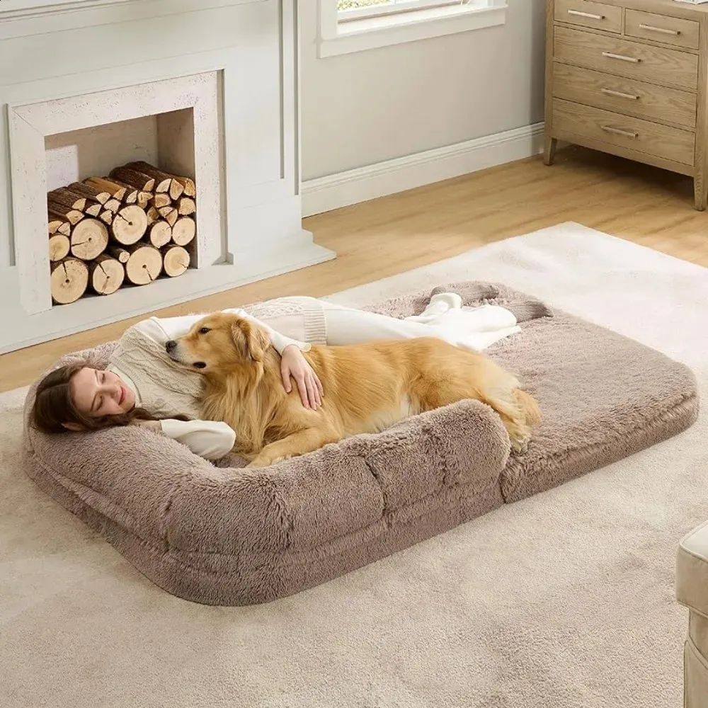 2-in-1 Calm Man Size Huge Dog Bed for Pet Families with Egg foam Support Pads and Waterproof Lined Camel Pads 241017