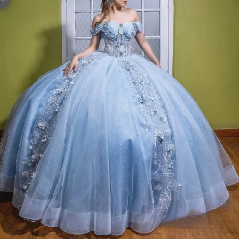 Blue Quinceanera Dress Sweet 15 Evening Dress Crystal Sleeveless Off Shoulder Ball Gown Dress