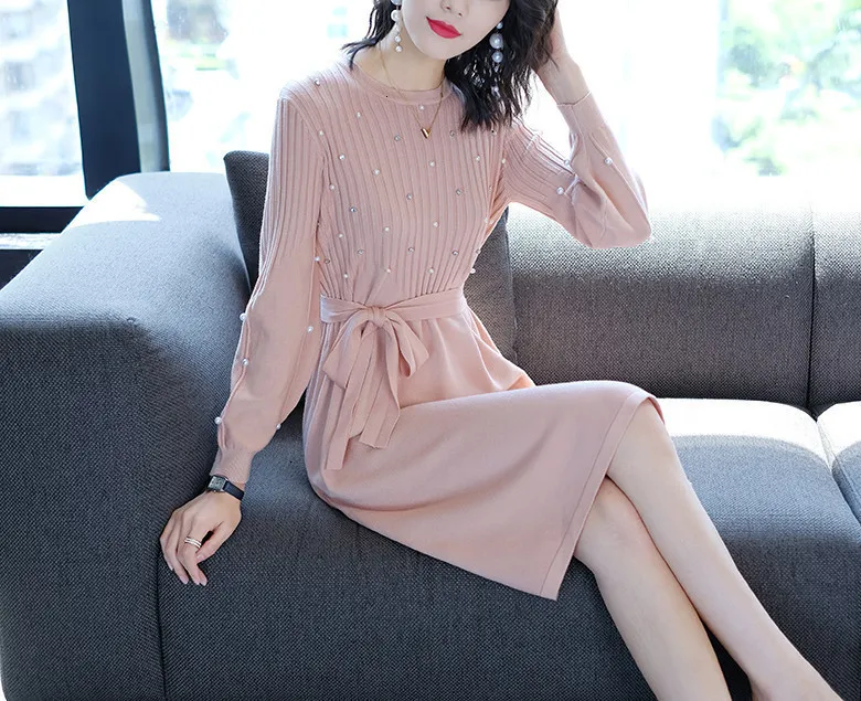 Winter acrylic midi sweater dress with halter collar and lace decoration,  belted A-line floor-length dress from Dhgate Basic & Casual Dresses - price  70.36