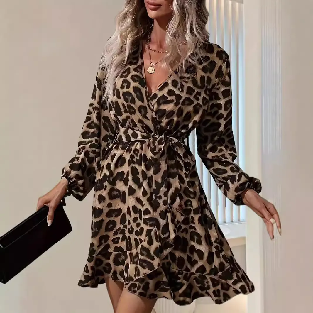 Summer Chiffon Dress Women Leopard Print Boho Beach Dresses Casual