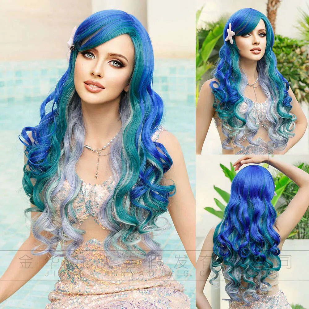 Blue Purple Gradient Synthetic Wig: Long Wavy Mermaid Cosplay Head