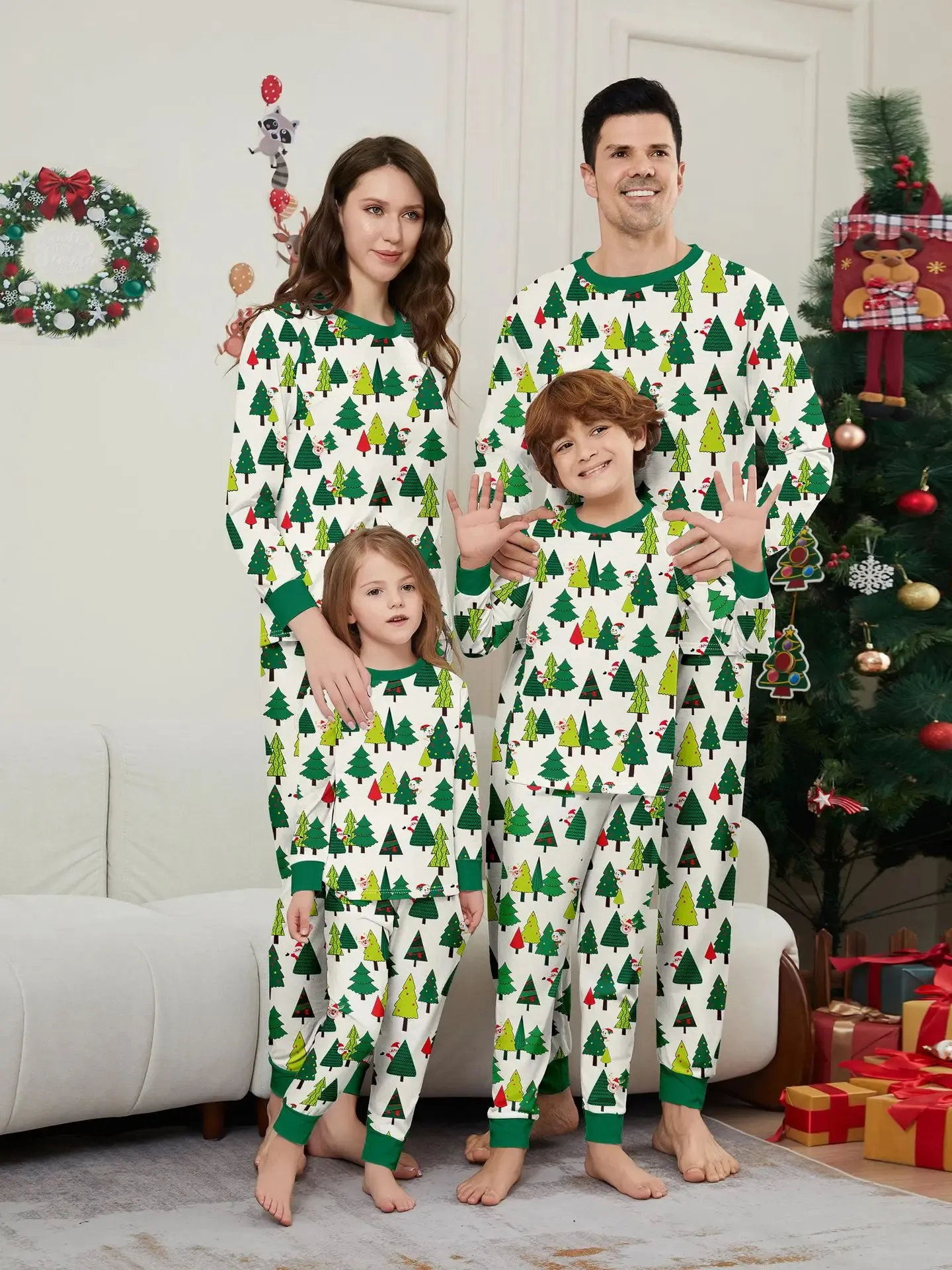 Matching Family Christmas Pajamas All Over Santa Tree Print Soft
