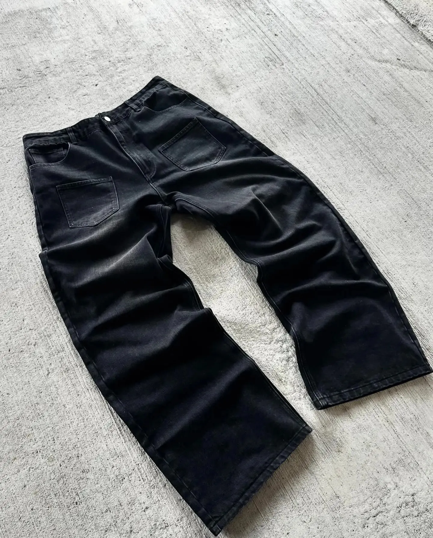 Black Baggy Jeans with Cherry Blossoms - Y2K Retro Wide Leg Denim