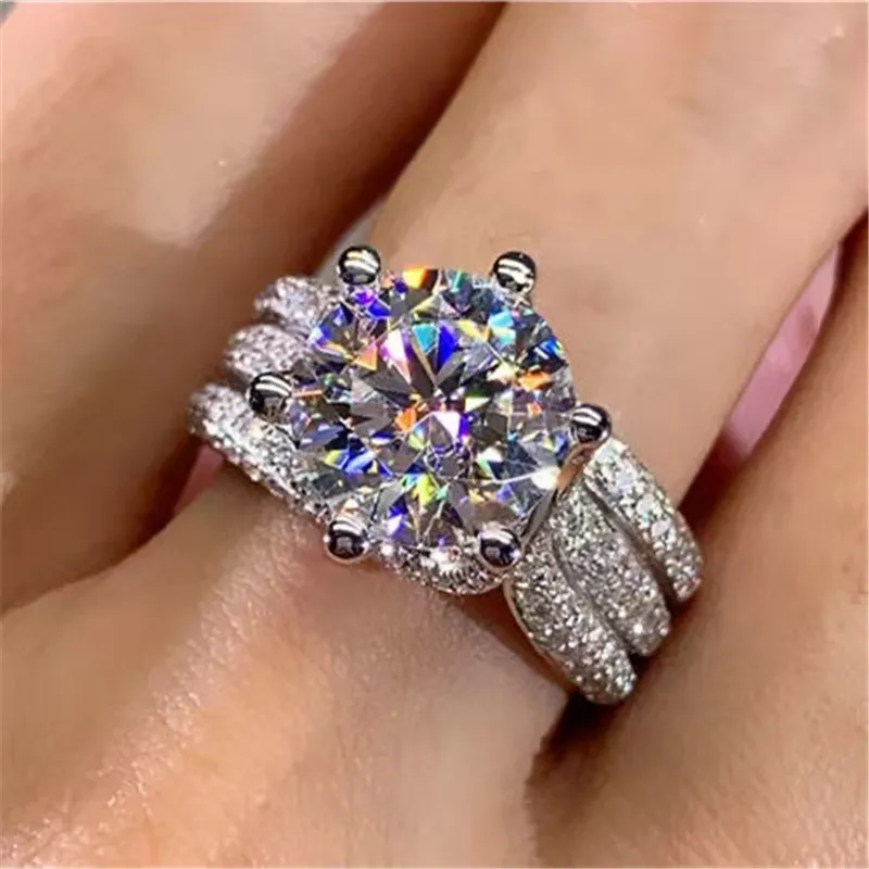 Solitaire Women's Classic Six-claw Cluster Wedding Luxury 10mm Diamond White Crystal Zircon Platinum Ring_voghion.com