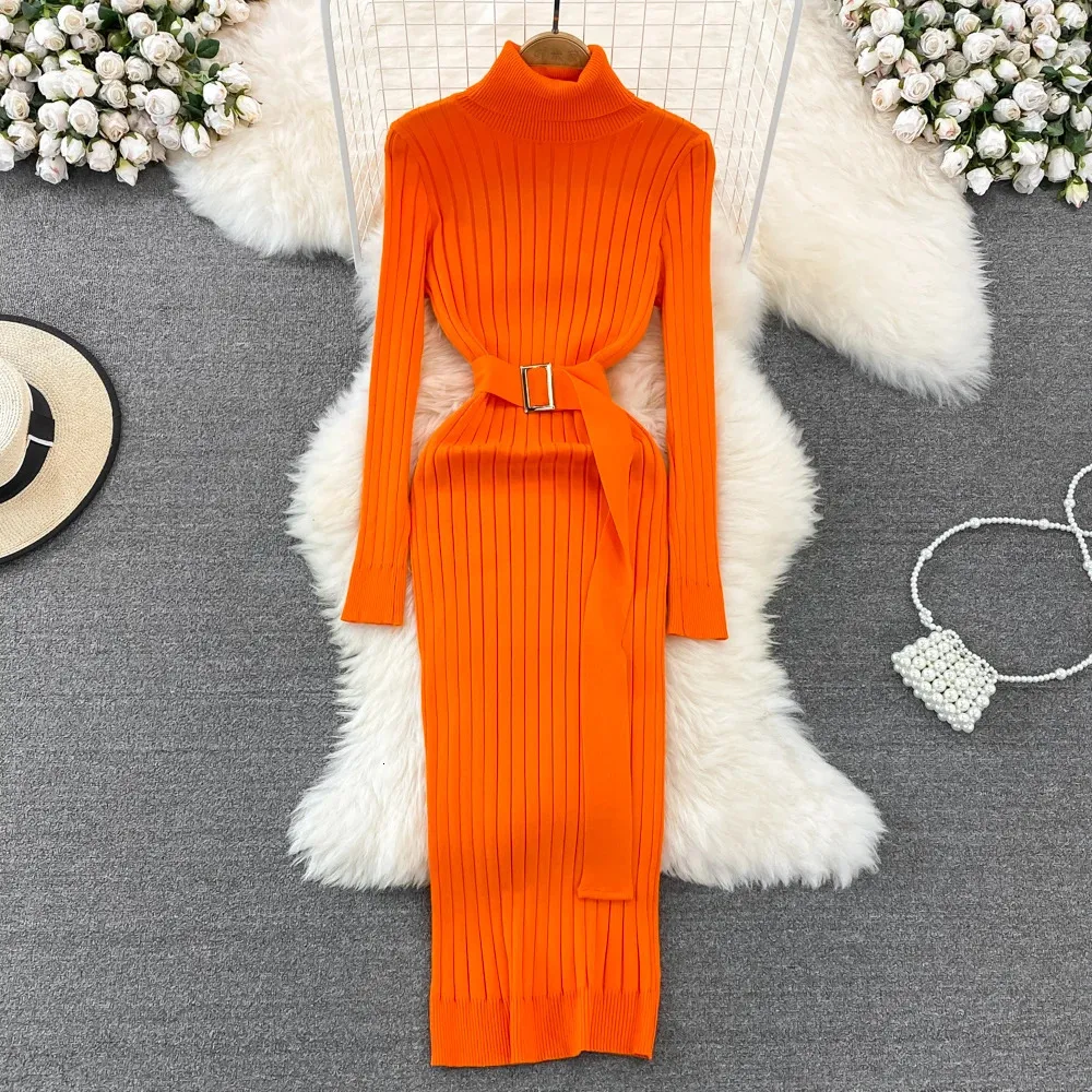 Women's Turtleneck Bocon Long Ribbed Sweater ss with Wrap Hips and Belt Women's Turtleneck Bocon Long Ribbed Sweater ss with Wrap Hips and Belt