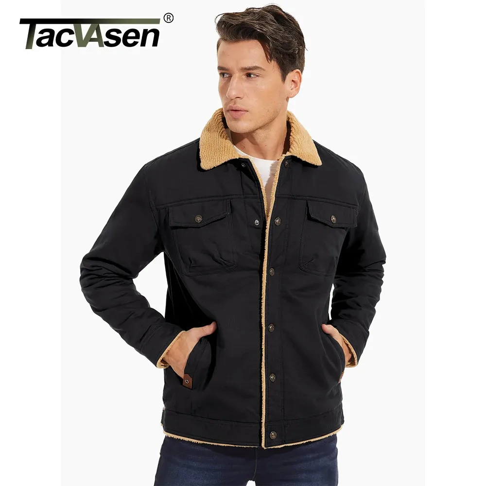 FANARCHER Men's Casual Winter Jackets Faux Suede Leather Sherpa Jackets Warm Fleece Lined Turn-Down Coat With 5 Pockets At Men's Clothing Store