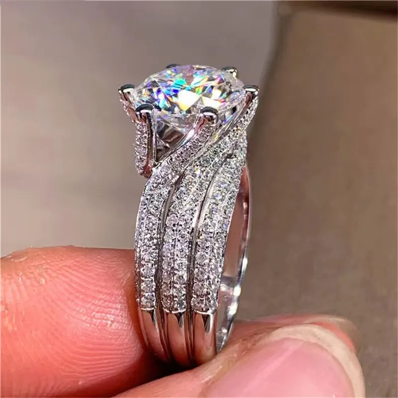 Solitaire Women's Classic Six-claw Cluster Wedding Luxury 10mm Diamond White Crystal Zircon Platinum Ring_voghion.com