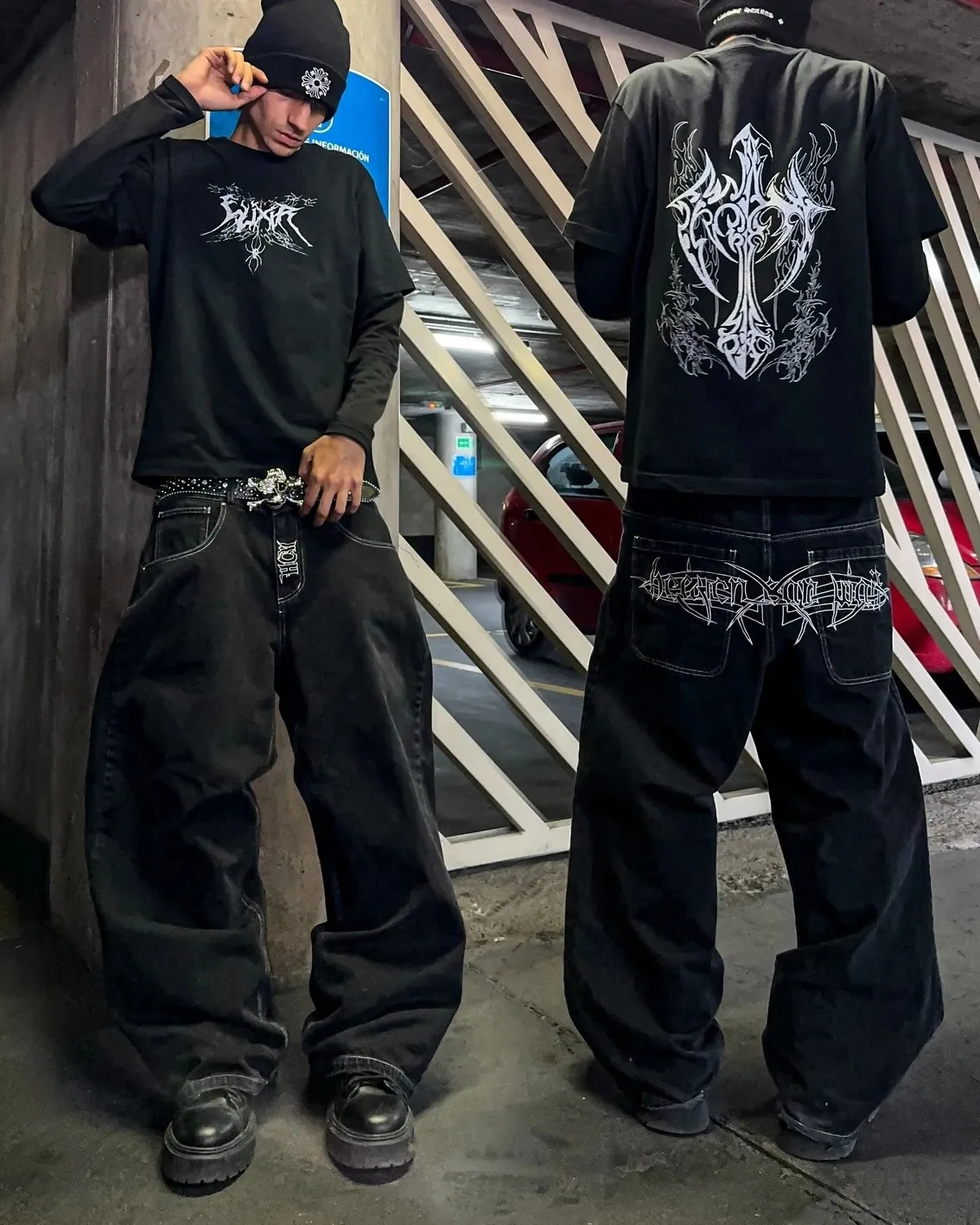 Mens Black Y2K Streetwear Jeans Embroidered From Kong02, $19.45