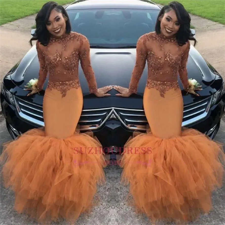 Plus Size African Orange Mermaid Prom Dresses With 2K18 Sleeves Tiered Skirt High Neck See Through Lace Applique Top And Beaded Details BA8084 From Missdressprom 116.55 DHgate.Com