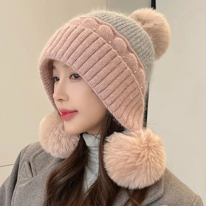 Nwt vintage hatattack wool-blend winter cap with rabbit fur pompom Womens Rabbit Fur Winter Hat Cute Fleece Knit Cap, Windproof  main image 4