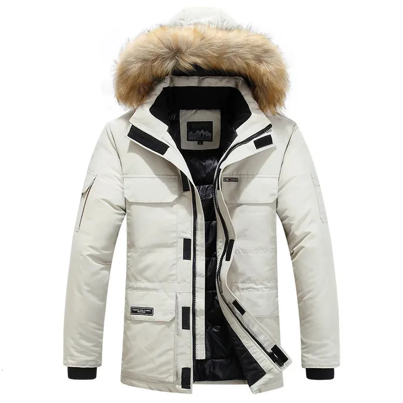 Mens Goose Down Coats, Fur Hooded Parka Coat Mens White Duck