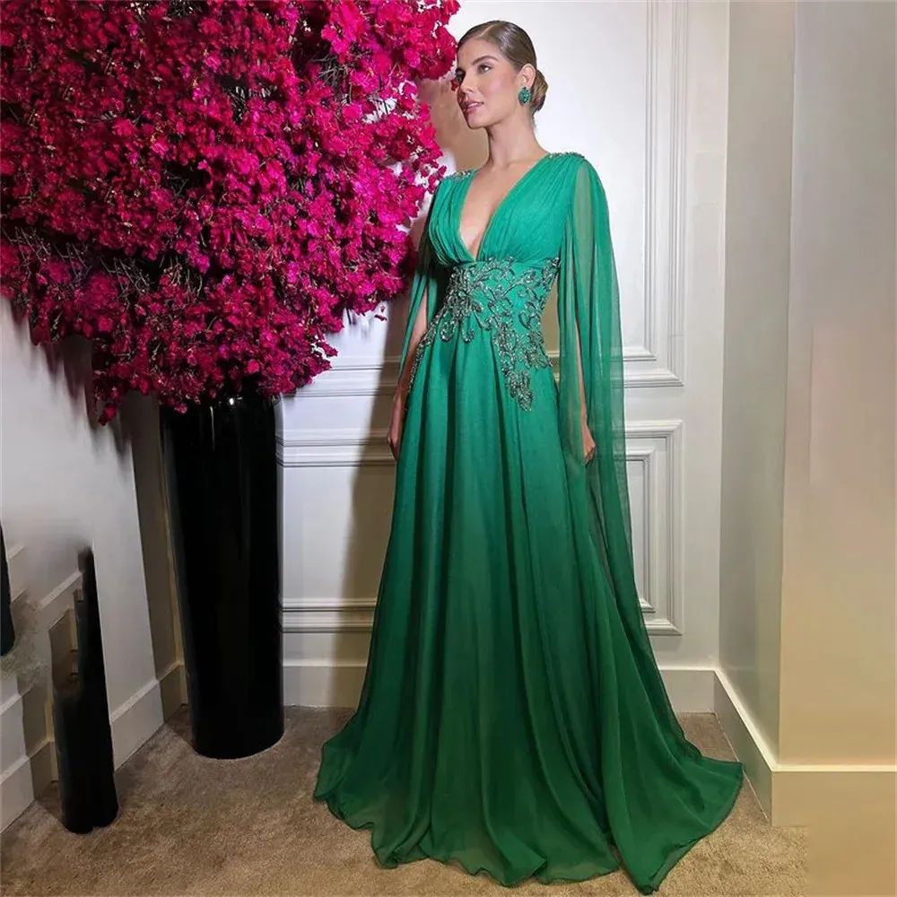 Vestido De Fiesta De Mangas Largas De Gasa Verde Oscuro Para